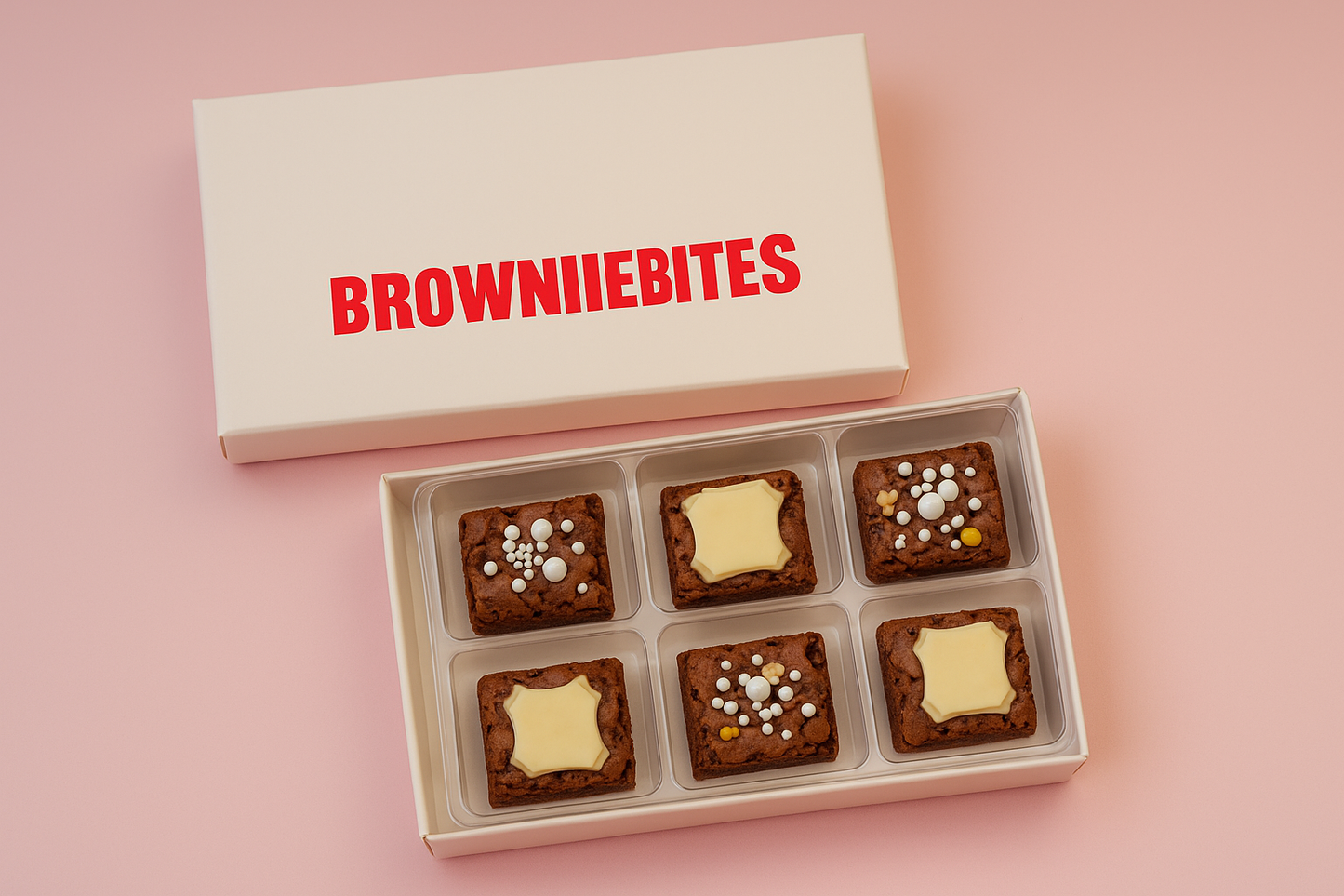 BrownieBites 6-piece baby brownies with plastic packaging